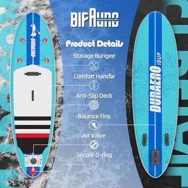 Inflatable Stand Up Paddle Board with SUP Accessories & Backpack. Paddle Boards for Adults. Non-Slip Deck, Wide Stance, Bottom Fin, Double Action Pump. - Image 4