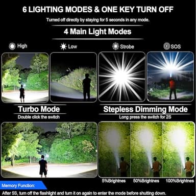 AdamStar Tactical High Lumens Flashlights, LED Rechargeable Flashlight Super Bright Flash Light with Power Display Waterproof Small Flashlights for Camping Emergencies, 6Modes Zoomable Pocket - Image 3