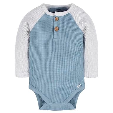 Gerber Baby Boy's 2-Pack Long Sleeve Henley Onesies, Blue and Heather Grey - Image 3