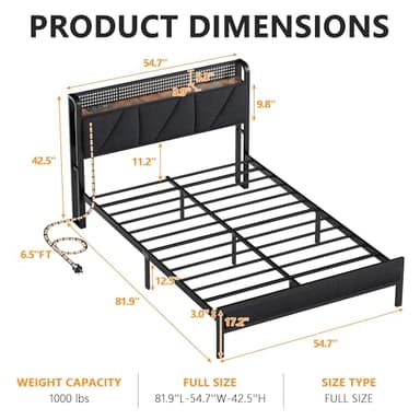 Furnulem Full Bed Frame with LED Lights,Headboard with Charging Station and USB Port,Upholstered Platform Bedframe Metal Support,No Box Spring Needed - Image 2