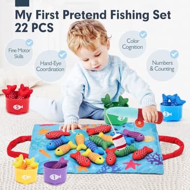 Toddler Toys Montessori Toys for 1 Year Old Boy Girl Birthday Gift -10 in 1 Cloth Fishing Game for Toddler Christmas Gifts 1-3 with Stacking Cups- Number Counting, Color Sorting, Shape Learning - Image 2