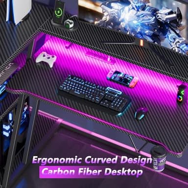 47 Inch Gaming Desk with Power Outlet & LED Lights, Corner Computer Desk with 3 Tiers Storage Shelves, Home Office Desk with Monitor Stand for Small Space, Carbon Fiber Black - Image 8