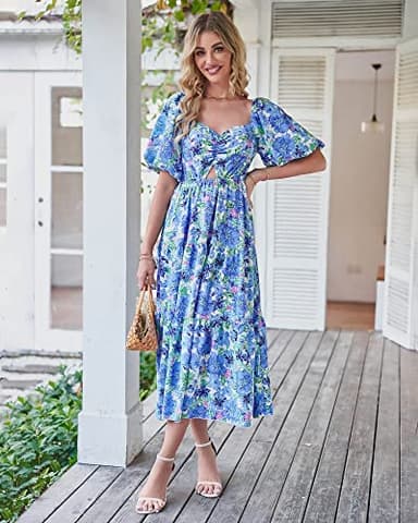 BTFBM Women Summer Dresses 2025 Casual Flowy Beach Square Neck Puff Short Sleeve Smocked Back Boho Floral Long Maxi Dress(Floral Blue, Medium) - Image 7
