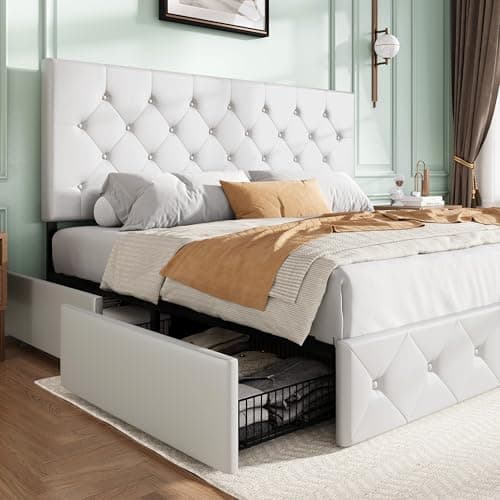 SHA CERLIN Upholstered King Size Platform Bed Frame with 4 Storage Drawers, Adjustable Headboard with Diamond Stitched Button Tufted Design, Wooden Slat Support, No Box Spring Needed, White - Image 1