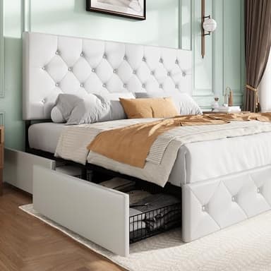 SHA CERLIN Upholstered King Size Platform Bed Frame with 4 Storage Drawers, Adjustable Headboard with Diamond Stitched Button Tufted Design, Wooden Slat Support, No Box Spring Needed, White - Image 1