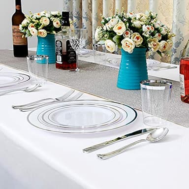 I00000 102pcs Silver Plastic Plates, Disposable Plastic Party Plates with White Silver Rim Fancy Wedding Party Plates Include 51 Dinner Plates 10.25" and 51 Dessert Appetizer Plates 7.5" - Image 3