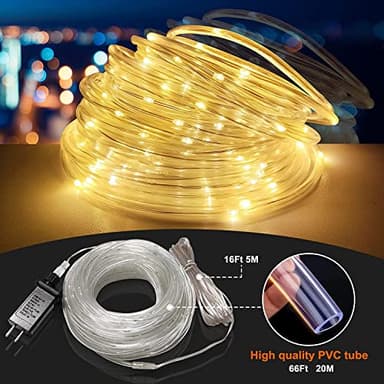 66Ft Rope Lights, 200 LED Waterproof Rope Light, Rope Lights Outdoor Indoor, Rope lighting for Patio, Pool, Bedroom, Living room, Landscape Lighting and Christmas Tree Decorations (Warm White) - Image 2