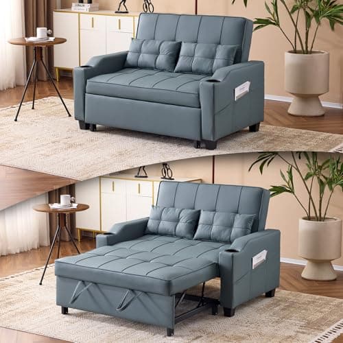 VINGLI Convertible Loveseat Sleeper, Blue Grey Faux Leather Futon Sofa Bed Pullout Couch Bed with USB Ports, Cup Holders, Armrest for Living Room, Bedroom, Home Office Apartment - Image 1