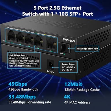 5 Port 2.5GB Ethernet Switch Unmanaged Network Switch | 5 x 2.5 Gigabit | 1 x 10G SFP+ | Multigig Switch 10-100-1000Mbps | 45G Bandwidth | Plug & Play | Fanless Metal Internet Switch - Image 4