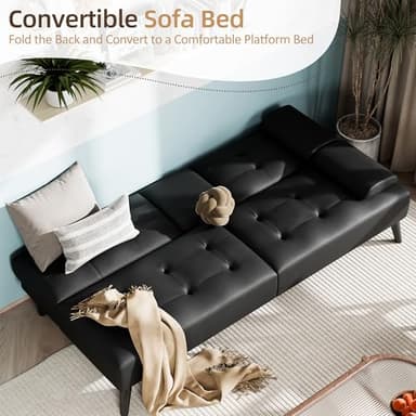 Shintenchi Futon Sofa Bed, Leather Foldable Couch, Reclining Sleeper w/Removable Armrests, Upholstered Loveseat w/Folding Cup Holders for Home, Office, Black - Image 4