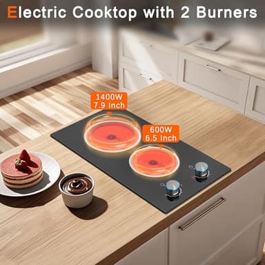 2 Burner Electric Cooktop 120V, 12 Inch Stove Top Burner 2000W, Double Burner Electric Stove with Knob Control, 9-Level Heat, Overheat Protection, High-Temp Alarm, 120V UL Plug - Image 2