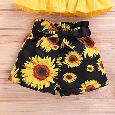 Kucnuzki Toddler Baby Girl Clothes Summer Outfits Ruffle Sleeveless Linen Shirt Kid Short Set for Girl (12-18 Months, Yellow+Black) - Image 5