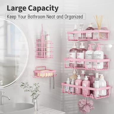Liuoud 5 Pack Shower Caddy Organizer Rack Shelf for Inside Shower, Adhesive Bathroom Wall Storage Basket Rustproof Stainless Steel Shampoo Holder, Girly Bathroom Accessory Decor Set, Pink - Image 2