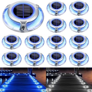 Brizled 12 Pack Solar Driveway Lights, 2 Colors in 1 Outdoor Dock Lights, IP67 Waterproof Deck Lighting Marine Light, Road Marker Solar Light for Sidewalk Pathway Walkway Garden Yard(Cool White/Blue) - Image 1