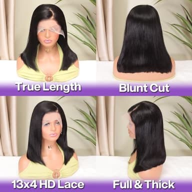 HIRIREMY Bob Wig Human Hair 13x4 HD Lace Frontal Short Straight Lace Front Bob Wigs for Black Women Human Hair Pre Plucked Glueless Side Part 180% Density Black Color 14 Inch - Image 3