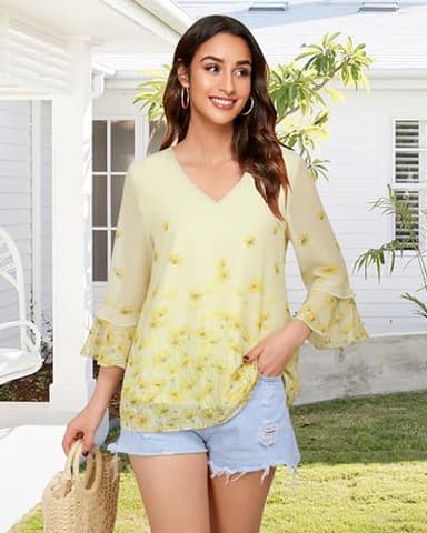 Bebonnie Women Blouses Dressy Casual Tops: Womens Ruffle 3/4 Sleeve V Neck Double Layers - Dressy Tops for Women for Evening Party Wedding - Spring Tunic Tops to Wear with Leggings Multi Yellow L - Image 3