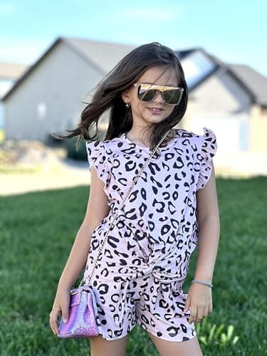 Arshiner Girls Summer 2 Piece Outfits Clothing Sets 7-8Y Pink Leopard Print T-Shirt and Short Pants Cute Print Shorts Set - Image 5