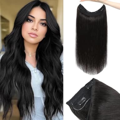Doupor Wire Hair Extensions, Halo Hair Extensions Real Human Hair, Natural Black Invisible Wire Real Human Hair Extensions,Fish Line Layered For Women 22inch 100g - Image 1