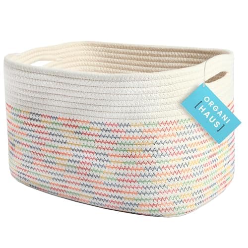 OrganiHaus Woven Storage Baskets for Organizing, Cotton Rope Organizer Bins for Shelves, Closet & Nursery, Dog Toy Basket, Decorative Bins for Toys, Towels & Books - 15x10x9, Rainbow Stitches - Image 1