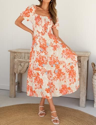 ZESICA Women's 2025 Summer Boho Floral Print Square Neck Ruffle Swing Beach Long Maxi Dress,Tangerine,Medium - Image 2