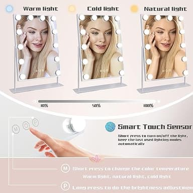 COOLJEEN Makeup Mirror Vanity Mirror with Lights - 12 Led Bulbs Lighted Hollywood Mirror, 10X Magnification,3 Color Modes, Touch Control, Women Gift (White) - Image 3