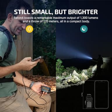 OLIGHT Baton4 Rechargeable EDC Flashlight, LED Pocket Light 1300 Lumens with Magnetic Charging Cable, 6 Modes, IPX8 Waterproof for Home, Camping and Emergency (Fighter Pilot) - Image 4