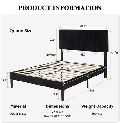 SHA CERLIN Queen Upholstered Platform Bed Frame with Adjustable Headboard/Vertical Channel Tufted Velvet Fabric/Wooden Slats Support/Mattress Foundation/Box Spring Optional/Black - Image 2