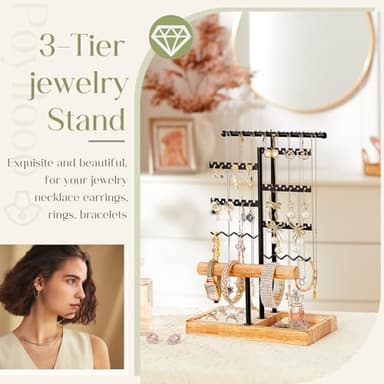Poyilooo Earring Holder Jewelry Stand, 3 Tier Jewelry Organizer with Ring Holder Tray for Necklace Earring Keychains Bracelet Rings Display Jewelry Tree Stand Christmas Gifts (Carbonized Brown) - Image 5