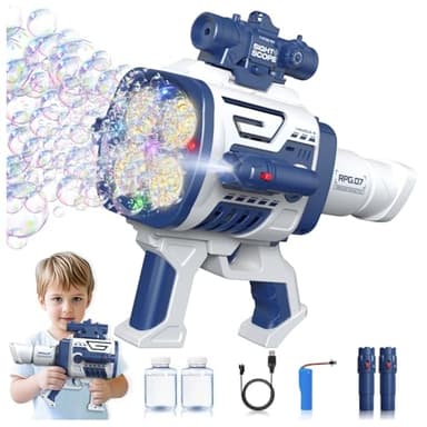 Automatic Refill Bubble Machine Gun - Rechargeable Bazooka Bubble Gun for Kids with Colorful Lights, Electric Rocket Bubble Blaster Shooter Toys for Outdoor Wedding Birthday Party Boys Gifts, Blue - Image 1