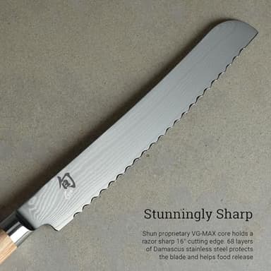 Shun Classic Blonde 9" Bread Knife, Handcrafted Japanese Serrated Knife, VG-MAX Core with Damascus Stainless Steel Cladding, Pakkawood Handle, Slicing Tool for Professional and Home Chefs - Image 3