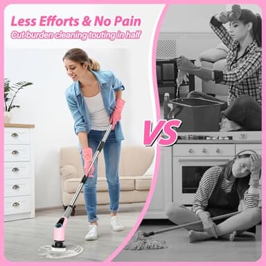 Electric Spin Scrubber, Cordless Cleaning Brush, Shower Scrubber with 8 Replaceable Brush Head, Power Cleaning Brush with Extension Handle, 2 Adjustable Speed, for Bathtub Tile Floor (Pink) - Image 2