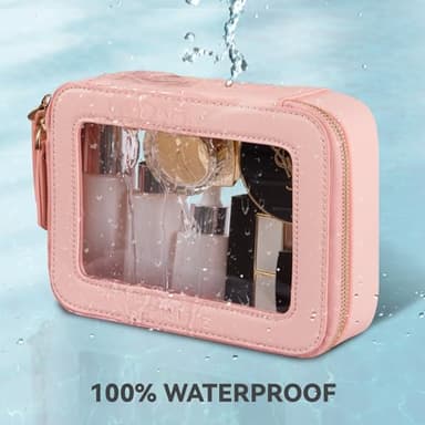 Prite Clear Makeup Bag Cosmetic Organizer Case Waterproof Travel Toiletry Bag Skincare Pouch with Golden Zipper(Pink) - Image 5