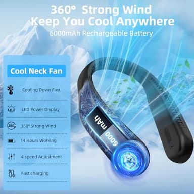 Portable Neck Fan,Hands Free Personal Wearable Bladeless Fan,6000mAh USB Rechargeable,360° Cooling,LED Display,4-Speeds,Birthday Gifts for Men Women Dad Mom,Outdoor Indoor Travel Camping (Black) - Image 8