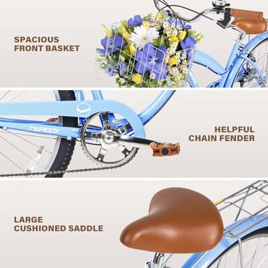 WEIZE Beach Cruiser Bike, 26 inch Commuter Bicycle for Adult Men and Women, 7-Speed/High-Carbon Steel/Front & Rear Fenders, Comfortable City Bikes with Rear Rack&Basket, Ergonomic Upright Design, Blue - Image 5