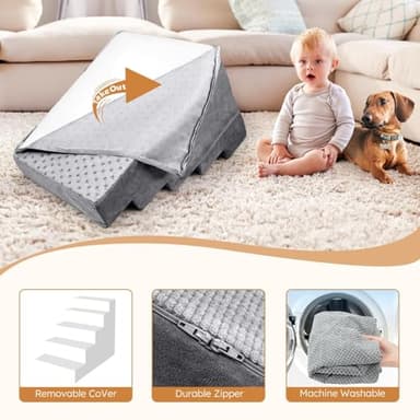 Heeyoo Dog Stairs for Small Dogs,5-Step Dog Steps for High Bed and Couch, High-Density Foam Pet Steps with Supporting Board, Non-Slip Removable Washable Cover, Grey - Image 4