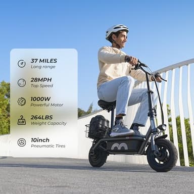 iScooter F3 Electric Scooter with Seat, 28 MPH Top Speed & 37 Miles Range, 1000W Powerful Motor, 10'' Pneumatic Tire Scooters for Adults, Adjustable Seat & Handlebar E-Scooter for Adults with Seat - Image 2