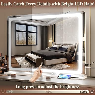 FENNIO Vanity Mirror with Lights 32"x22", Lighted Makeup Mirror, Large Vanity Mirror with Lights, Touch Sensor with 3-Color Lighting, USB Charging Port for Vanity Desk Tabletop - Image 3