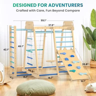 Upgraded Indoor Playground 9-in-1 Jungle Gym Kids Climbing Toys, Montessori Philosophy Waldorf Style Wooden Climber Playset with Slide, Swing, Monkey Bars, Upright/Rope Ladder, Climb Net, Blue - Image 2
