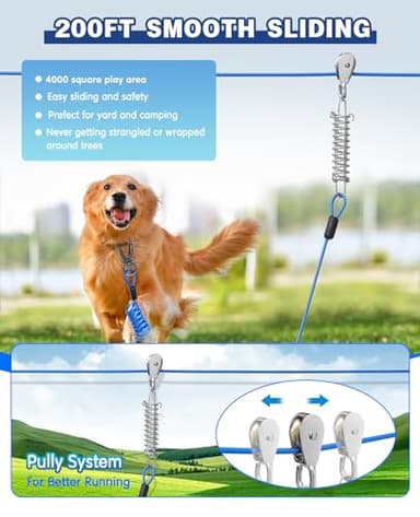 Dog Runner for Yard, Double Shock Absorption Trolley System for Large Dogs Up to 250LBS, Heavy Duty 200FT Tie Out Run Cable With 10FT Leads, Aerial Zipline for Outside, Camping - Image 5