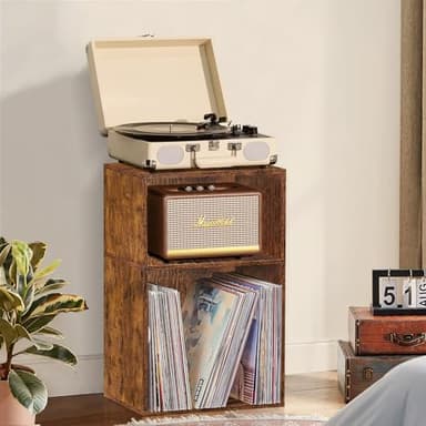 LEYAOYAO 2 Cube Bookshelf,Brown Record Player Stand Holds up to 100 Albums, Mini Wood Book Shelf Storage Organizer,Turntable Stand with Vinyl Storage Cabinet, Narrow Open Bookcase for Small Spaces - Image 7