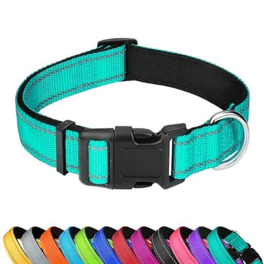 PWOD Reflective Dog Collar, Adjustable Soft Neoprene Padded Nylon Pet Collars with Buckle for Medium Dogs, Teal,M - Image 1