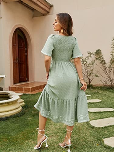 Glamaker Women's Summer Casual Short Sleeve Smocked Square Neck A Line Flowy Midi Dress Midi Dress - Image 5