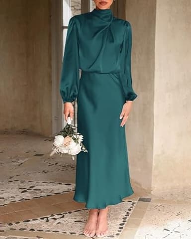 BTFBM Womens Mock Neck Satin Dress Summer Fall 2025 Long Sleeve High Waist Formal Wedding Party Maxi Cocktail Dresses(Dark Green, X-Large) - Image 3