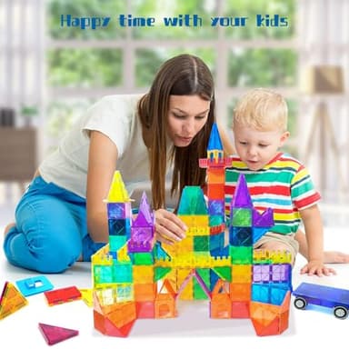 AFUNX Magnetic Tiles,102PCS Magnetic Building Blocks 3D Clear Construction Playboards, Inspiration, Creativity Beyond Imagination, Educational Magnet Toy Set for Kids with 2 Cars - Image 4