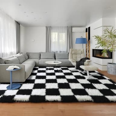 KICMOR Rugs for Living Room 7x9 Area Rug, Black and White Large Fluffy Shag Shaggy Fuzzy Checkered Bedroom Carpet, Indoor Soft Plush Big Rug for Kids Boys Girls Dorm Nursery Home Decor Aesthetic - Image 5