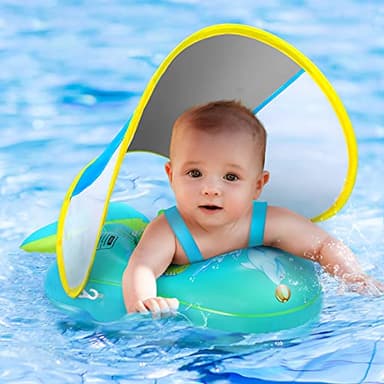 No Flip Over Baby Pool Float with Canopy UPF50+ Sun Protection, Sponge Safety Support Bottom, Fun Gifts Water Toys Accessories Inflatable Baby Swim Floats for Pool 3-36 Months - Image 1