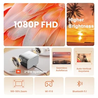 [Sound by JBL & Seamless Autofocus] Yaber 1080P Projector with WiFi 6 and Bluetooth, Portable Outdoor Movie Projector, Home Theater Projector for iPhone/TV Stick/HDMI/USB/Laptop/PS5-Gray - Image 8