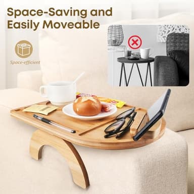 Wisreach Bamboo Sofa Tray Table, Clip-On Tray Sofa Table - 15” L x 10.2” W, Anti-Slip Sofa Armrest Tray Table with 360° Phone Holder, Couch Arm Table for Eating, Drinks, Snacks, Remote, and Pen - Image 7