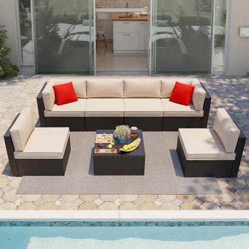 Shintenchi 7 Pieces Patio Furniture Sets Outdoor All-Weather Sectional Patio Sofa Set PE Rattan Manual Weaving Wicker Patio Conversation Set with Glass Table&Ottoman Cushion and Red Pillows, Beige - Image 1