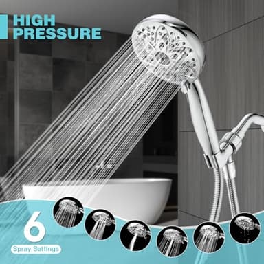 6-Setting Shower Head with Handheld, JDO High Pressure Hand held Shower Head, 4.7 Inch Chrome Detachable Showerhead Set with 59 Inch Stainless Steel Hose and Adjustable Showerhead Holder - Image 2